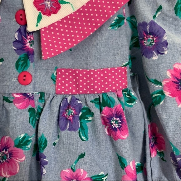 Vintage Toddler Girl Floral Polka Dot Dress 3T Big Collar Chambray 80s Cute Pink - Picture 5 of 14